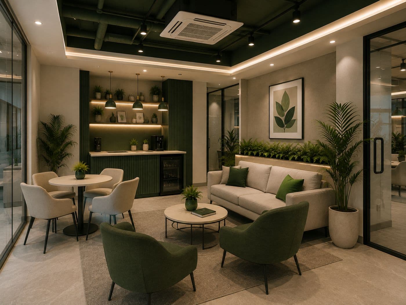 Modern private office interior with desk seating and city views