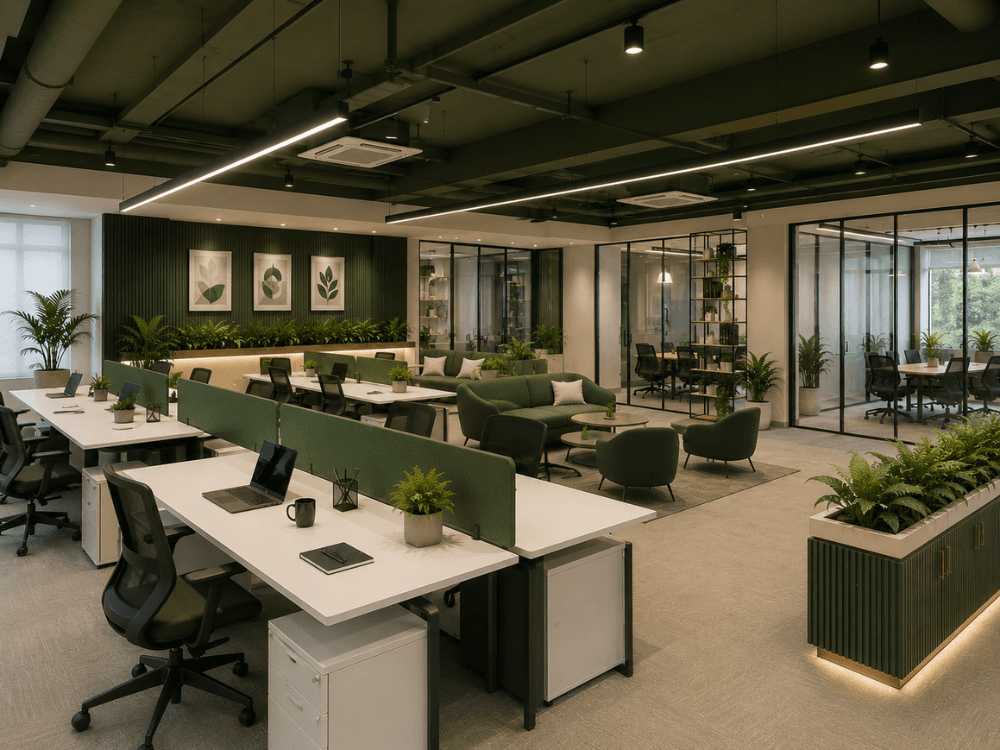 Refined coworking interior with comfortable workspace seating